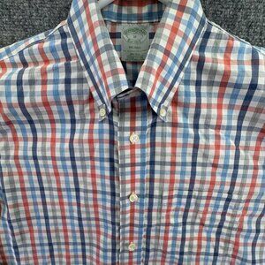 Brooks Brothers Button Up Shirt Cotton Blue Orange Check Medium Milano Adult Men